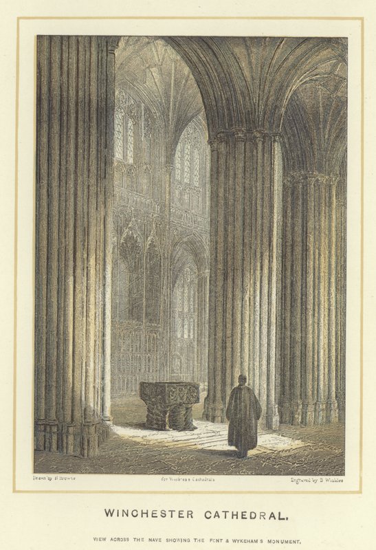 Winchester katedrálisa, kilátás a templomhajóra, a homlokzattal és a Wykehams-emlékművel alkotó: Hablot Knight Browne