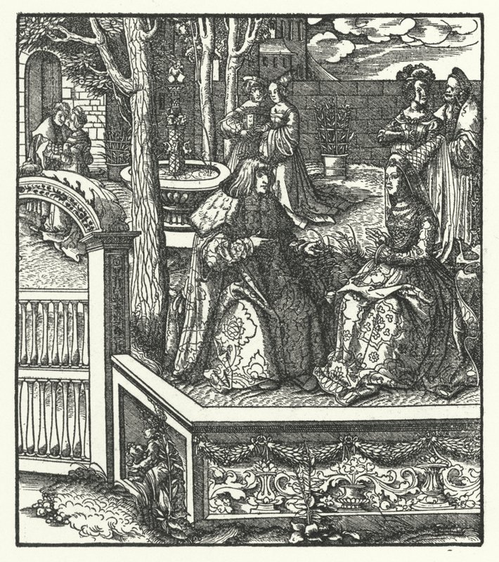Maximilian osztrák főherceg és felesége, burgundi Mária egymás nyelvét tanítják (metszet) alkotó: Hans (after) Burgkmair
