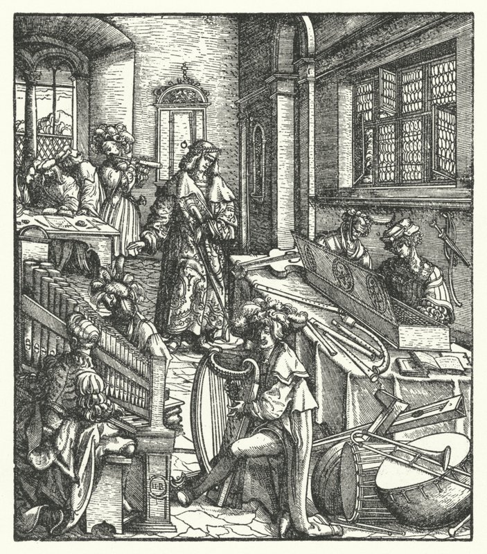 Maximilian osztrák főherceg, mint a zene mecénása (metszet) alkotó: Hans (after) Burgkmair