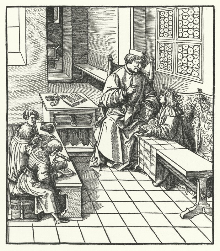 Maximilian osztrák főherceg gyermekkorában az iskolában (metszet) alkotó: Hans (after) Burgkmair