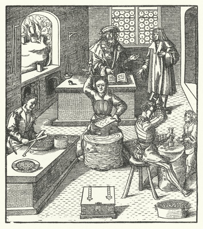 Maximilian osztrák főherceg a pénzverdében (metszet) alkotó: Hans (after) Burgkmair