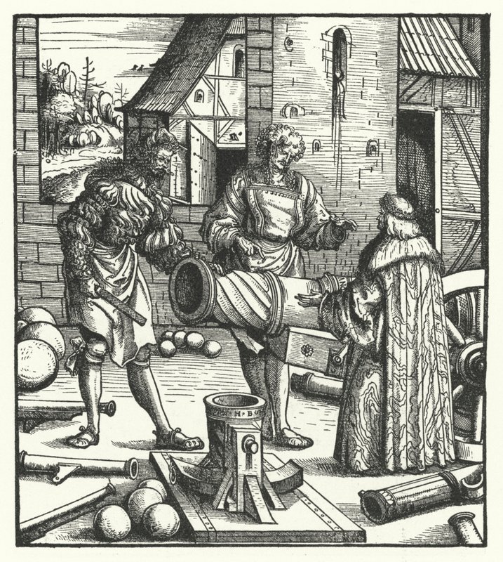 Maximilian osztrák főherceg fegyverkovácsoknak ad tanácsot (metszet) alkotó: Hans (after) Burgkmair