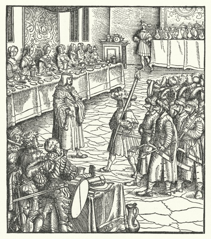 Maximilian osztrák főherceg mamák színdarabját rendezi (metszet) alkotó: Hans (after) Burgkmair
