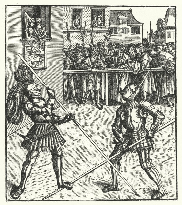 Maximilian osztrák főherceg gyalog harcol lándzsával (metszet) alkotó: Hans (after) Burgkmair