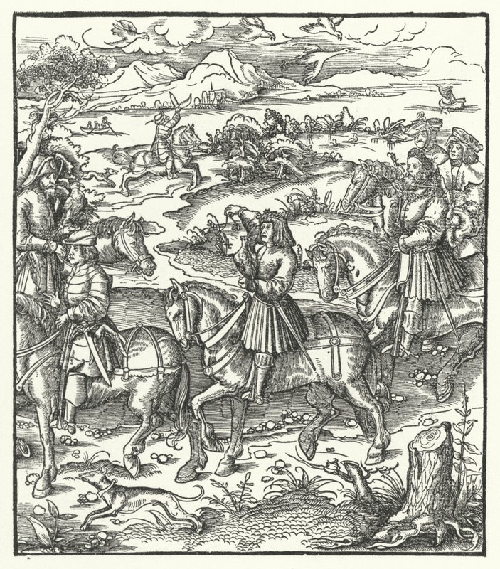 Maximilian osztrák főherceg gémekre vadászik (metszet) alkotó: Hans (after) Burgkmair