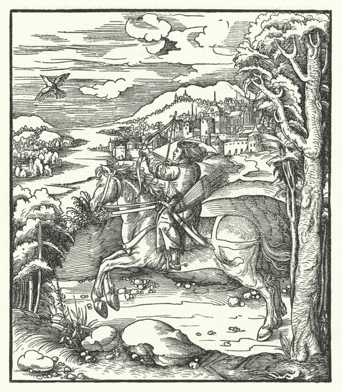 Maximilian osztrák főherceg lóháton vadászik (metszet) alkotó: Hans (after) Burgkmair