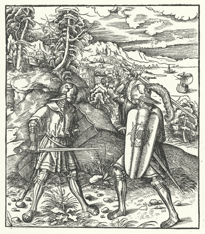 Maximilian osztrák főherceg páncélban, karddal harcolva (metszet) alkotó: Hans (after) Burgkmair