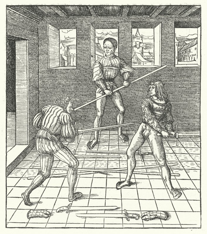 Maximilian osztrák főherceg a vívás művészetét tanulja (metszet) alkotó: Hans (after) Burgkmair