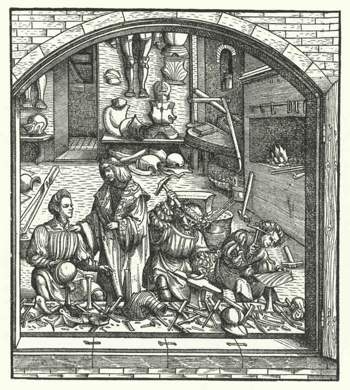 Maximilian osztrák főherceg meglátogat egy páncélost (metszet) alkotó: Hans (after) Burgkmair