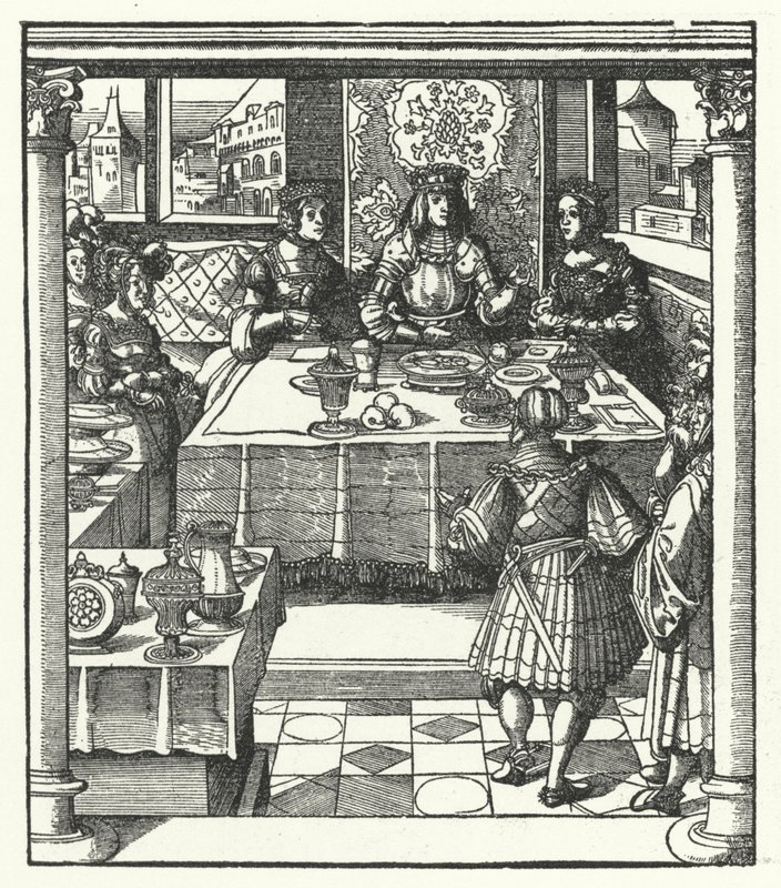 Maximilian osztrák főherceg meglátogatja leendő feleségét, Burgundi Máriát és édesanyját, Bourbon Izabellát (metszet) alkotó: Hans (after) Burgkmair