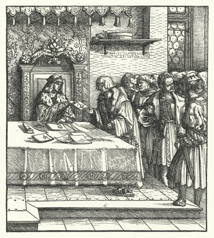 Maximilian osztrák főherceg levelet ír (metszet) alkotó: Hans (after) Burgkmair