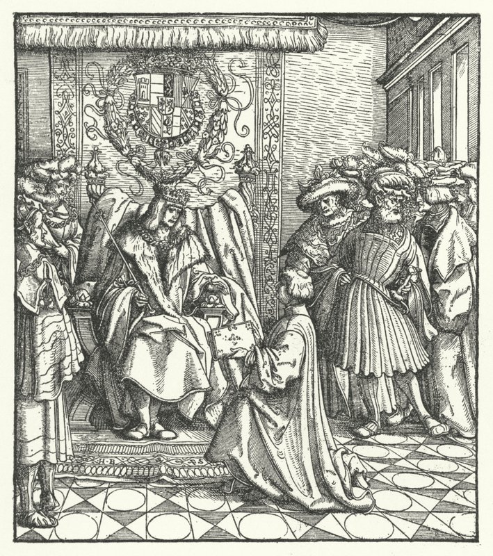 Egy könyv szentelése a Szent Római császárnak, MAXIMILIAN I. (metszet) alkotó: Hans (after) Burgkmair
