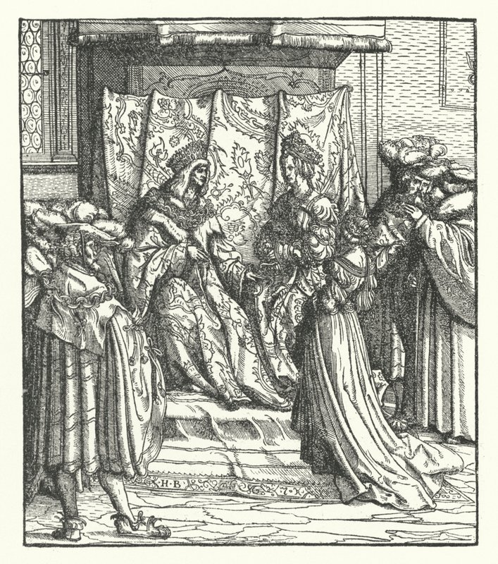 Portugáliai Eleanor átveszi Osztrák Frigyes, a rómaiak királya házassági ajánlatát (metszet) alkotó: Hans (after) Burgkmair
