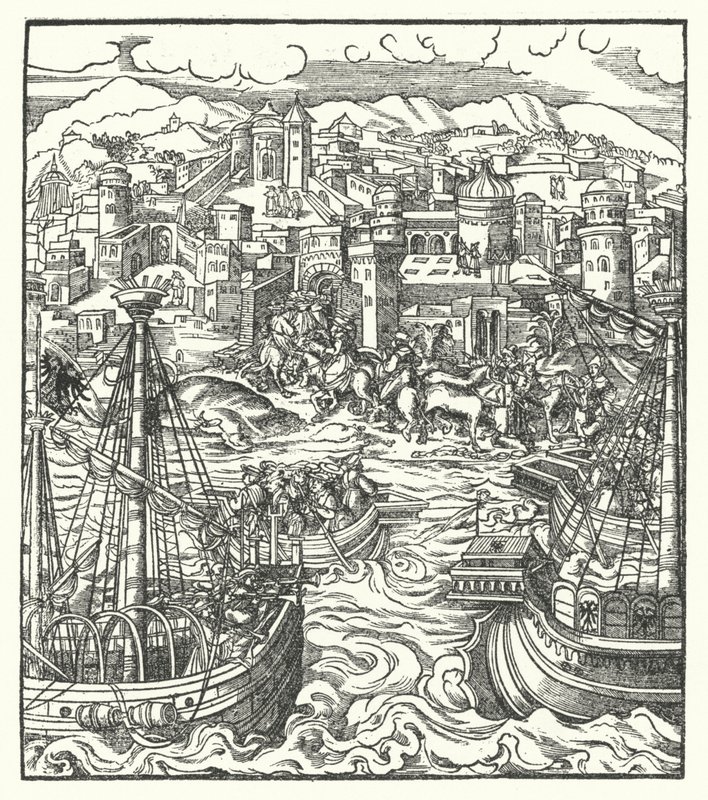 III. Frigyes, Szent Római császár érkezik Rómába menyasszonyával, Eleonóra portugál hercegnővel. alkotó: Hans (after) Burgkmair