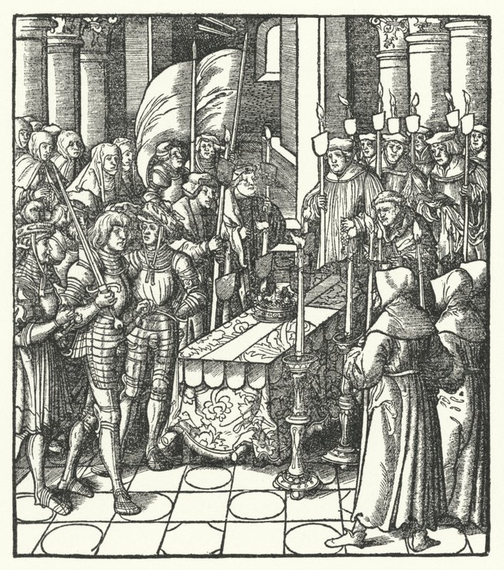 XII. Lajos francia király elődje, VIII. Károly király koporsója mellett alkotó: Hans (after) Burgkmair