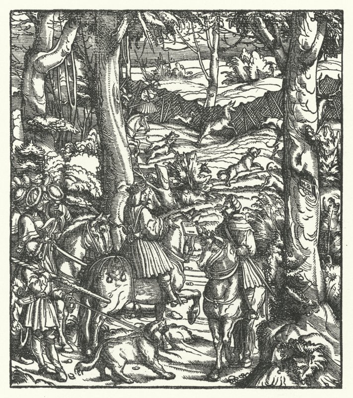 I. Maximilián, a rómaiak királya, vadászat közben üzenetet kap (metszet) alkotó: Hans (after) Burgkmair