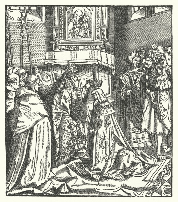 V. Miklós pápa III. Frigyest római császárrá koronázta Rómában alkotó: Hans (after) Burgkmair