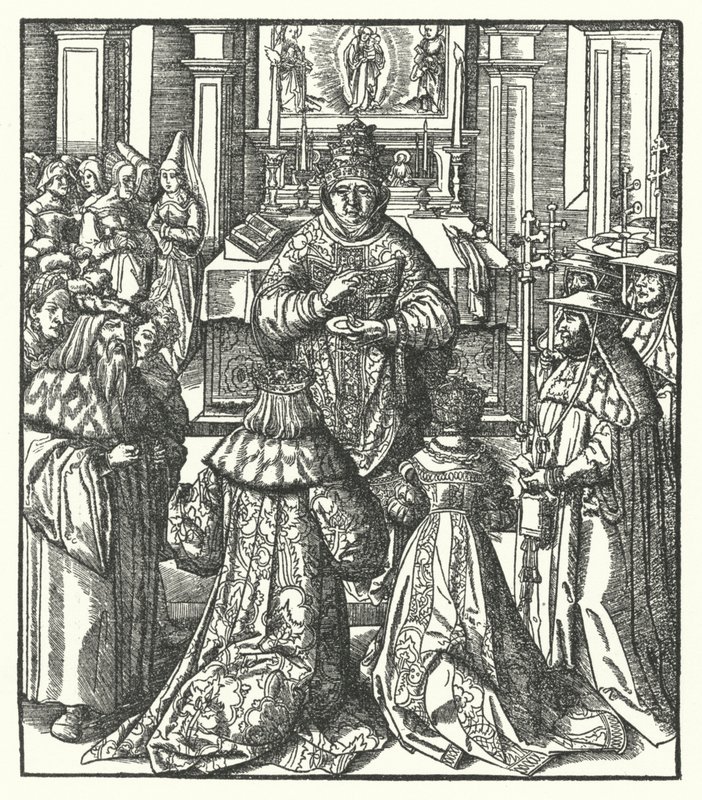 III. Frigyes római császár és Eleanor császárné szentáldozást fogad a pápától (metszet) alkotó: Hans (after) Burgkmair