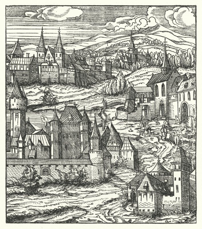 Wiener Neustadt, Ausztria, I. Maximilianus római római császár szülőhelye (metszet) alkotó: Hans (after) Burgkmair