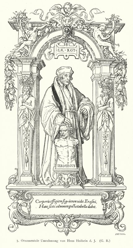 Desiderius Erasmus holland reneszánsz humanista tudós portréja díszkerettel (metszet) alkotó: Hans (after) Holbein the Younger