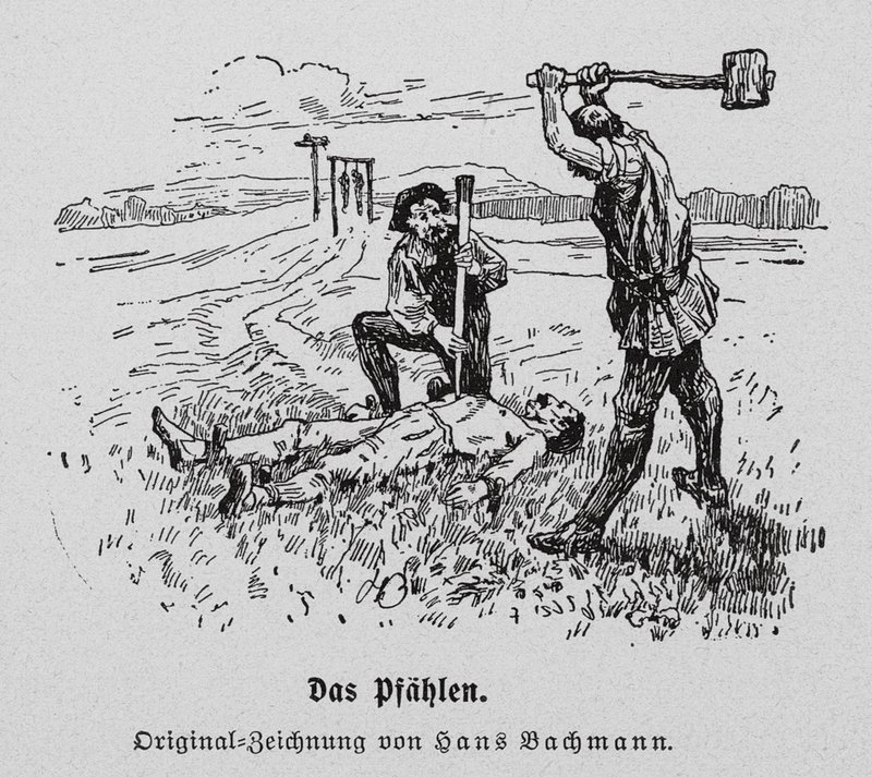 Kivégzés karóba húzással (metszet) alkotó: Hans Bachmann