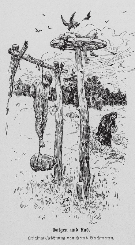 Kivégzés: akasztófa és kerék (metszet) alkotó: Hans Bachmann