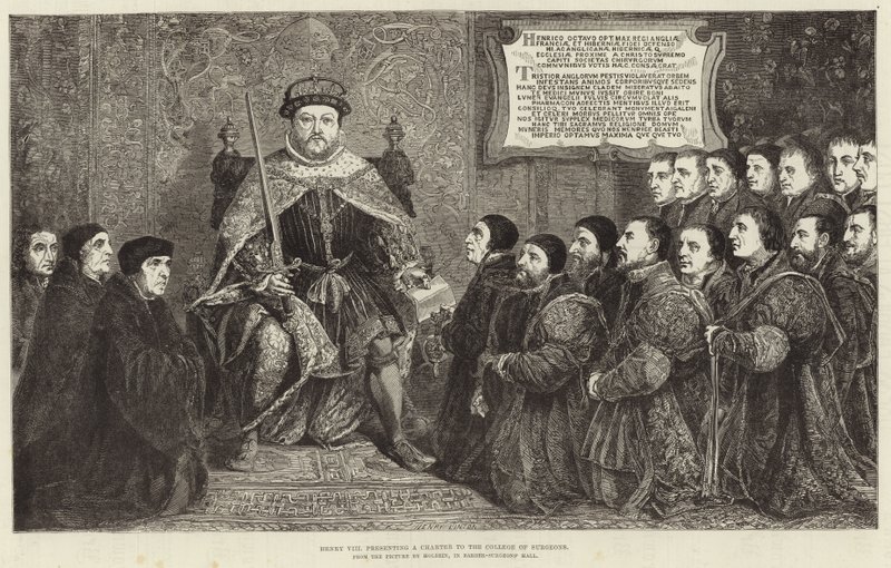 Henrik király chartát nyújt be a Sebész Kollégiumnak alkotó: Hans Holbein der Jüngere