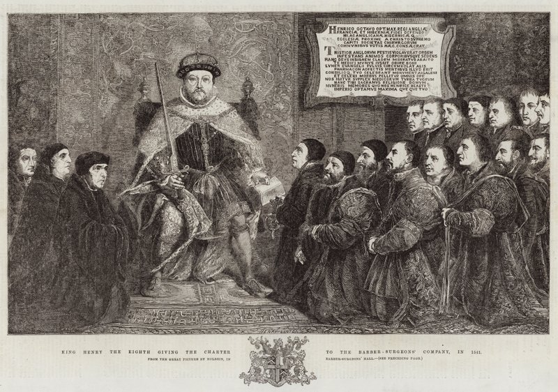 Nyolcadik Henrik király oklevelet adott a Borbély-Sebészek Társaságának, 1541-ben alkotó: Hans Holbein der Jüngere