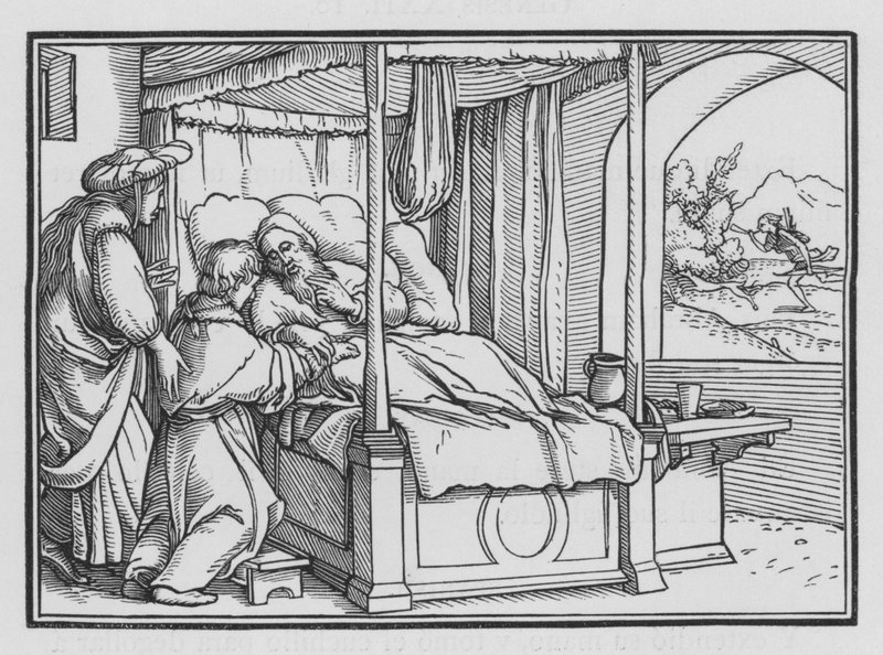 Jákób megtéveszti atyját, és elnyeri az áldást, 1Mózes XXVII, 21. alkotó: Hans Holbein der Jüngere