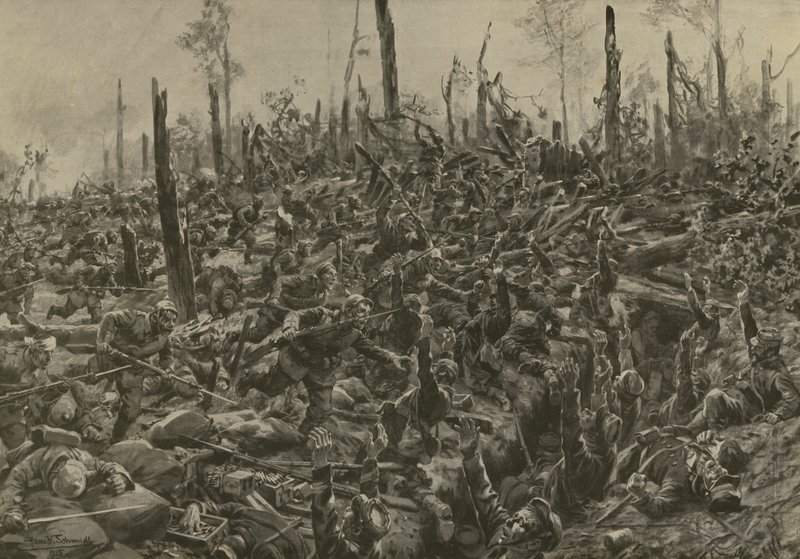 Német támadás a francia blokkházak és lövészárkok ellen a Bois-le-Pretre-ben az 1915. július 5-i tüzérségi bombázást követően (litho) alkotó: Hans W. (after) Schmidt