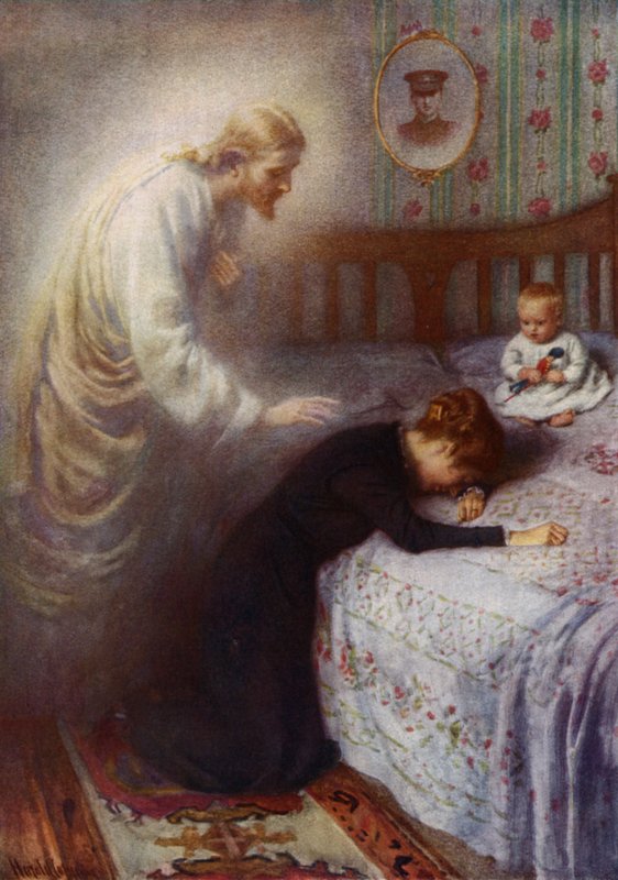 Vigasztaló Krisztus: Jézus egy gyászoló brit hadiözvegyet vigasztal (színes litho) alkotó: Harold Copping