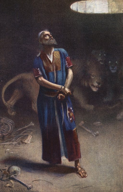 Dániel az oroszlánbarlangban (színes litográfia) alkotó: Harold Copping