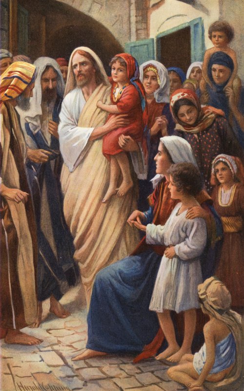 Jézus megáldja a kisgyermekeket (színes litográfia) alkotó: Harold Copping