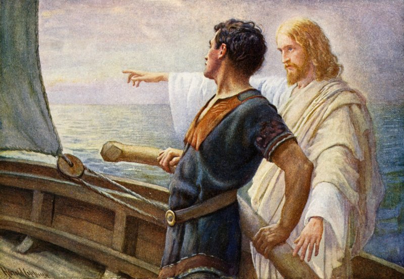 Az élet napkelte, Krisztus a kormányon (színes litó) alkotó: Harold Copping