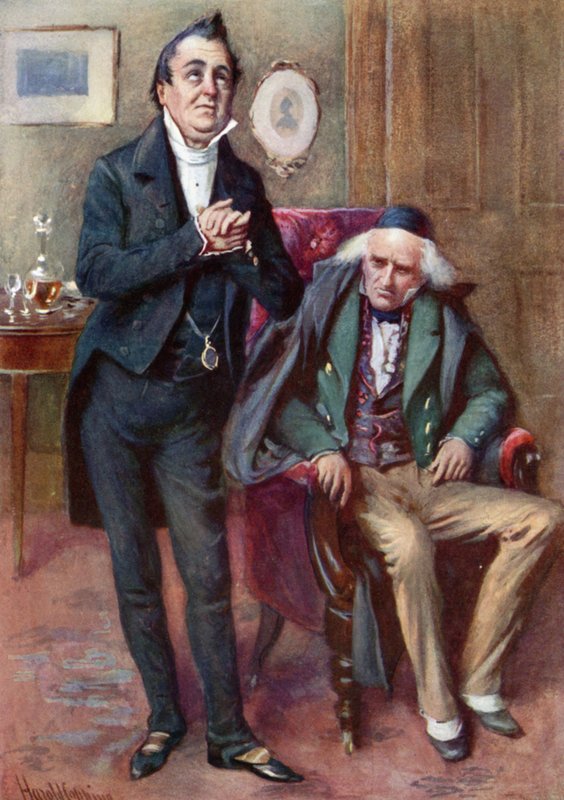 Mr. Pecksniff és Old Martin Chuzzlewit (színes litó) alkotó: Harold Copping
