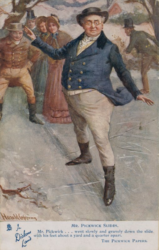 Mr. Pickwick csúszik a jégen, jelenet Charles Dickens Pickwick-papírok című regényéből (színes litó) alkotó: Harold Copping