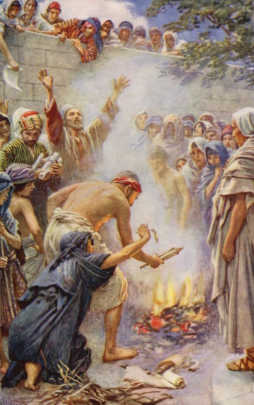 Újszövetség: A könyvek elégetése (színes litográfia) alkotó: Harold Copping