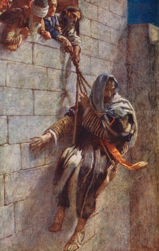 Újszövetség: Pál menekülése Damaszkuszból (színes litográfia) alkotó: Harold Copping