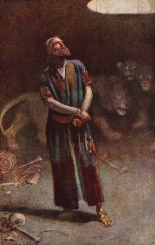 Ószövetség: Dániel az oroszlánbarlangban (színes litográfia) alkotó: Harold Copping