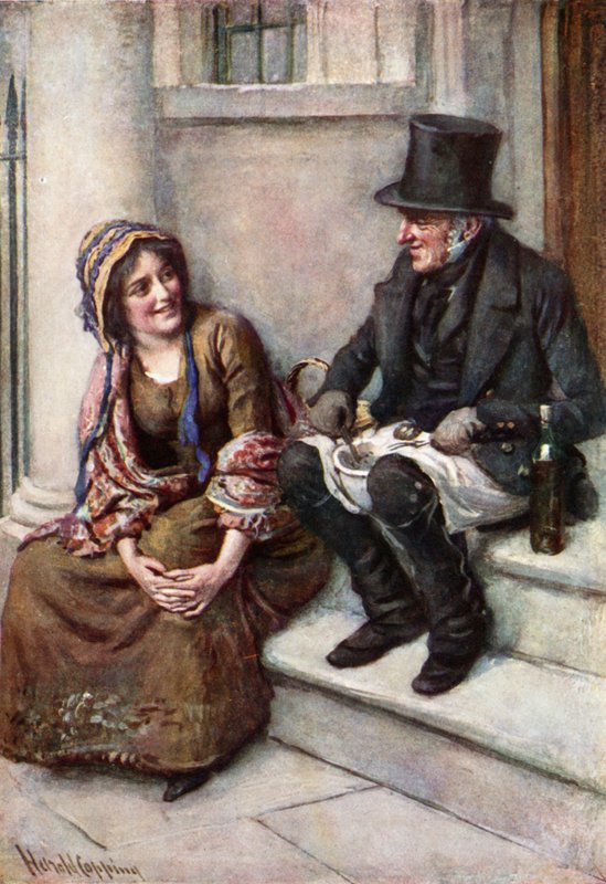 Trotty Veck és lánya, Meg (színes litó) alkotó: Harold Copping