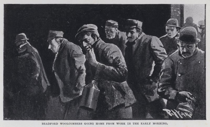 Bradford Woolcombers kora reggel hazamegy a munkából (f/w fotó) alkotó: Harold Hume Piffard