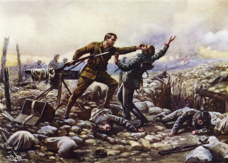 J Boyd közlegény, az ír gárdától, egy német géppuskát egy kézzel foglyul ejtett, I. világháború alkotó: Harold Hume Piffard