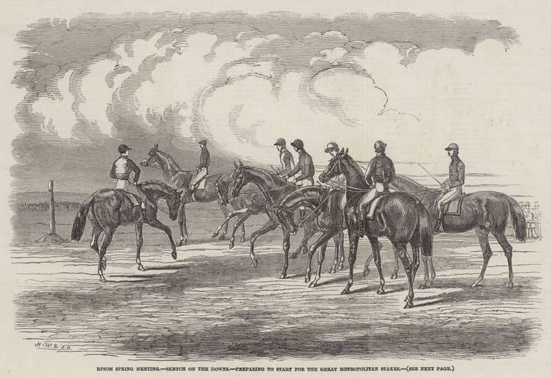 Epsom Spring Meeting, Sketch on the Downs, felkészülés a Great Metropolitan Stakes-ra alkotó: Harrison William Weir