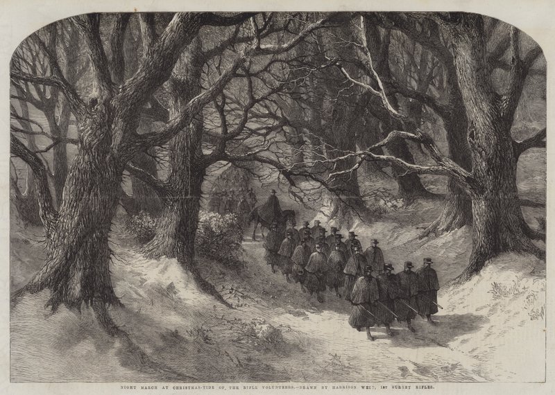 Éjszakai menetelés karácsonykor-Tide of the Rifle Volunteers, 1st Surrey Rifles alkotó: Harrison William Weir