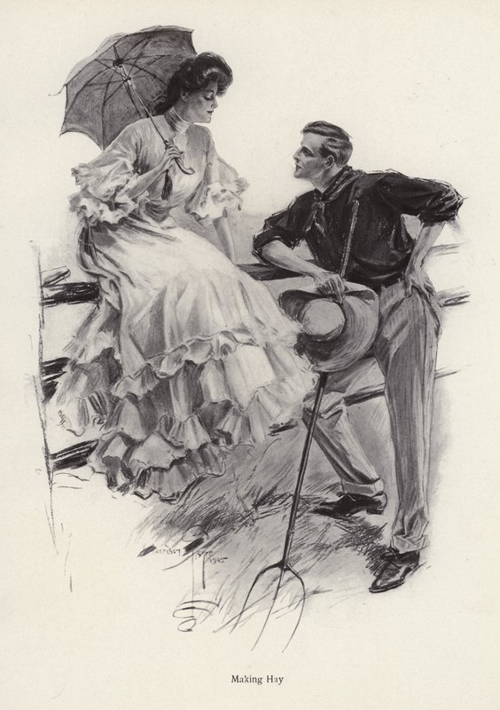 Egy farmer szünetet tart a munkájában, hogy flörtöljön egy fiatal nővel (litho) alkotó: Harrison Fisher