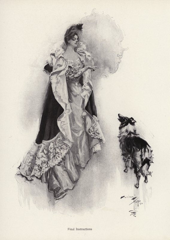 Egy fiatal nő kimegy estére, és felszólítja kutyáját, hogy engedelmeskedjen az utasításoknak (litho) alkotó: Harrison Fisher