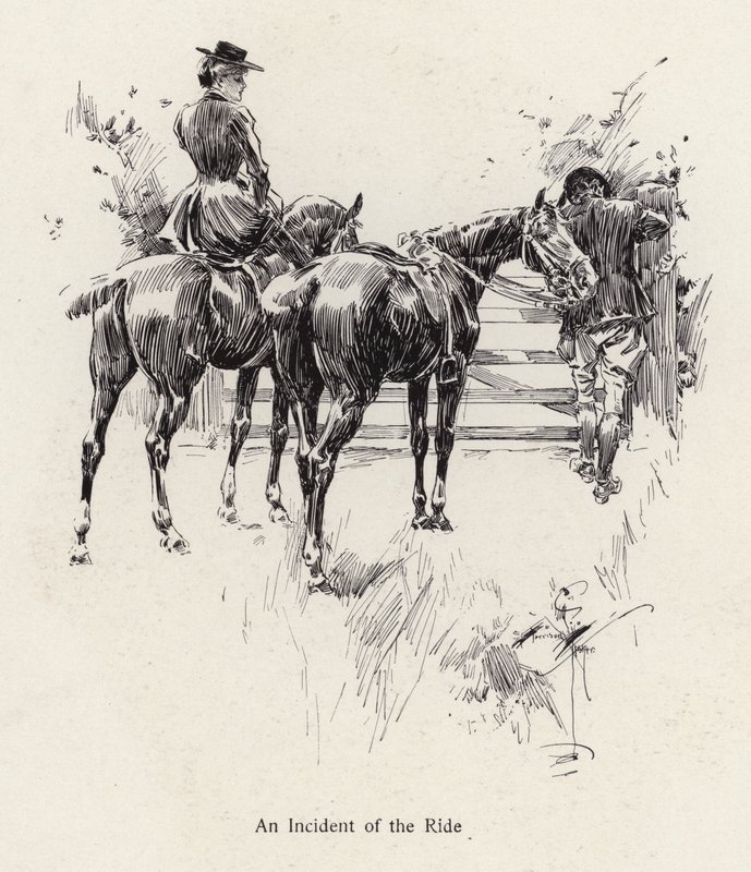 Lovasok megállnak, hogy kinyitják a kaput (litho) alkotó: Harrison Fisher