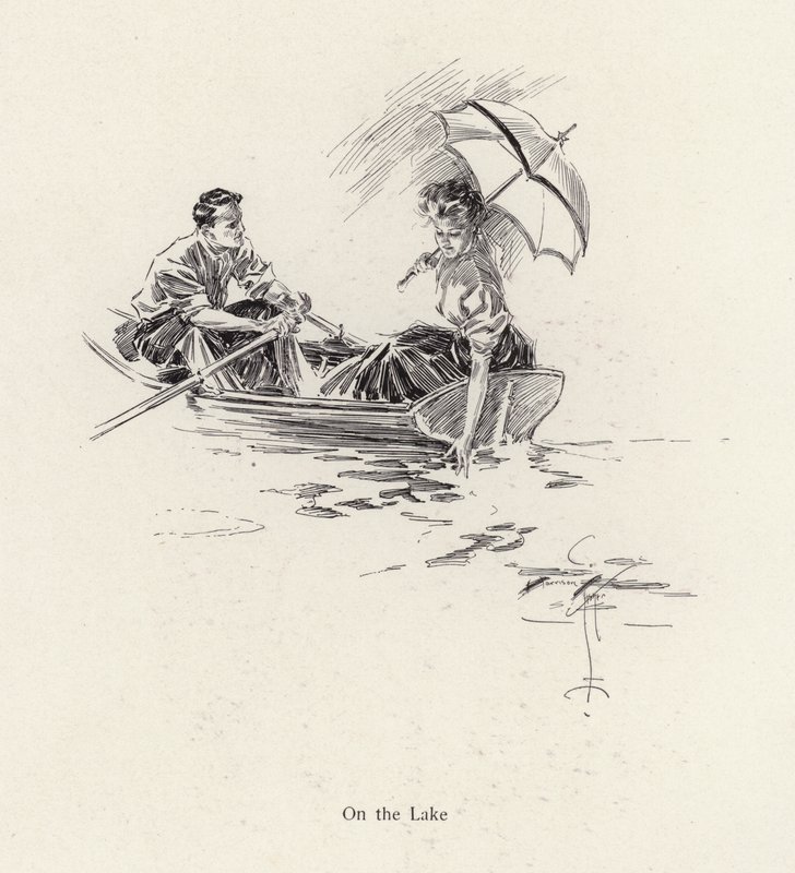 Férfi és nő egy evezős csónakban a tavon (litho) alkotó: Harrison Fisher