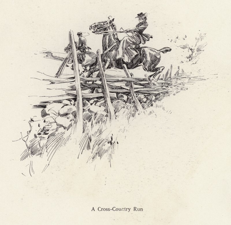 Férfi és nő lóháton terepfutás közben (litho) alkotó: Harrison Fisher