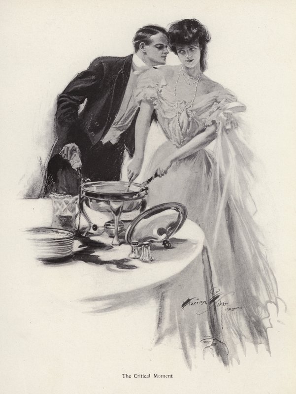 Férfi flörtöl egy nővel a vacsoraasztalnál (litho) alkotó: Harrison Fisher